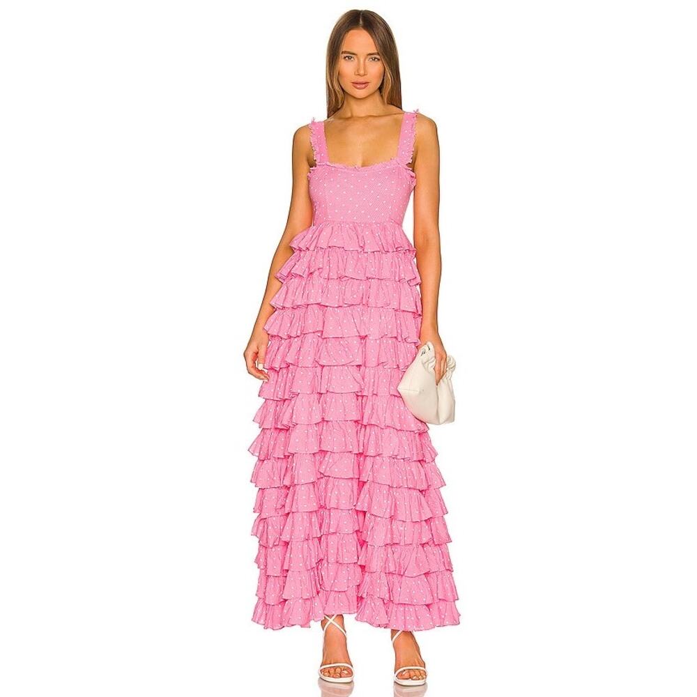 Loveshackfancy Idra Tiered Ruffle Maxi Dress Polka dot Hot Pink Cherry Sz 4 - Picture 5 of 11